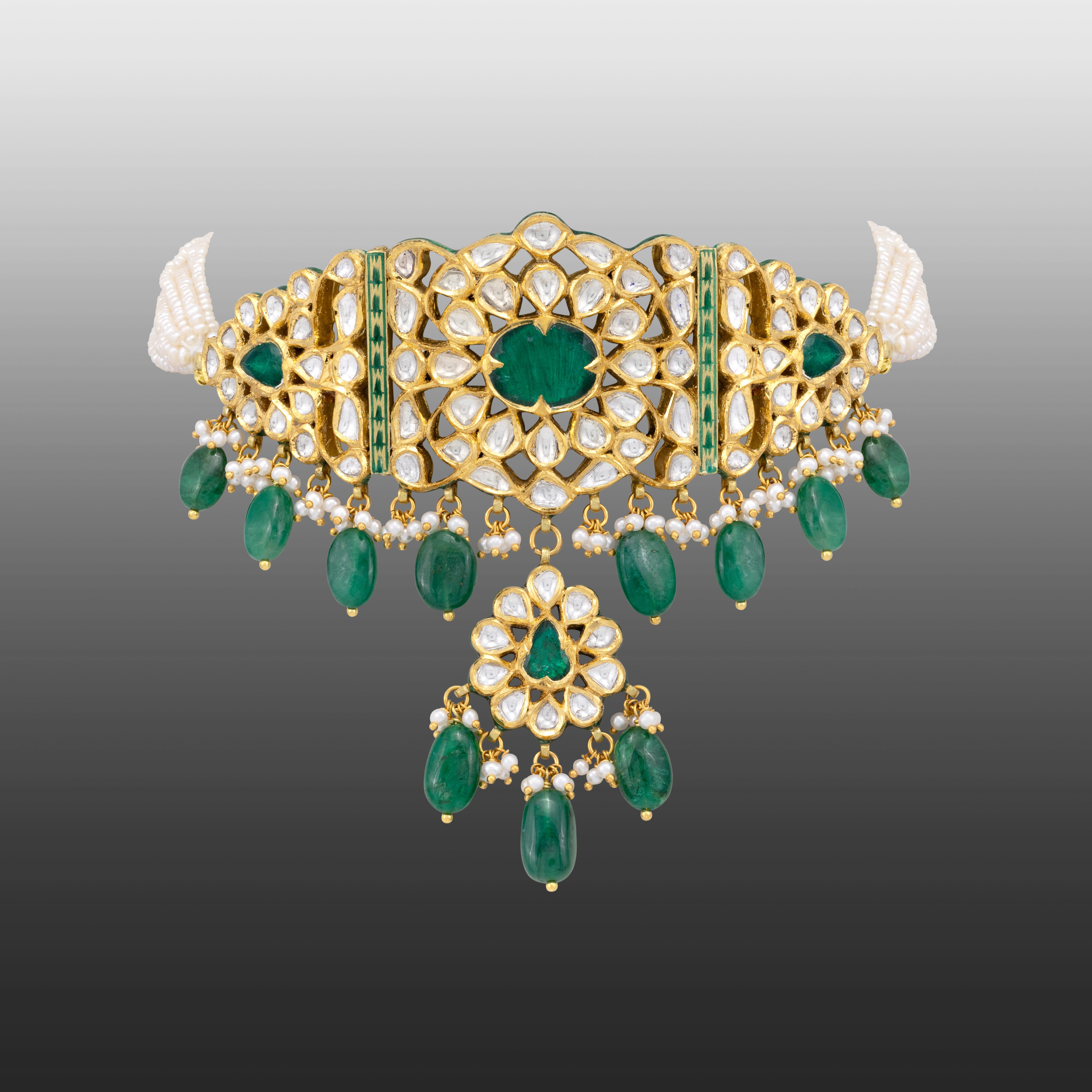 Zambian Emerald Mughal-Inspired Choker with Pearl Strands